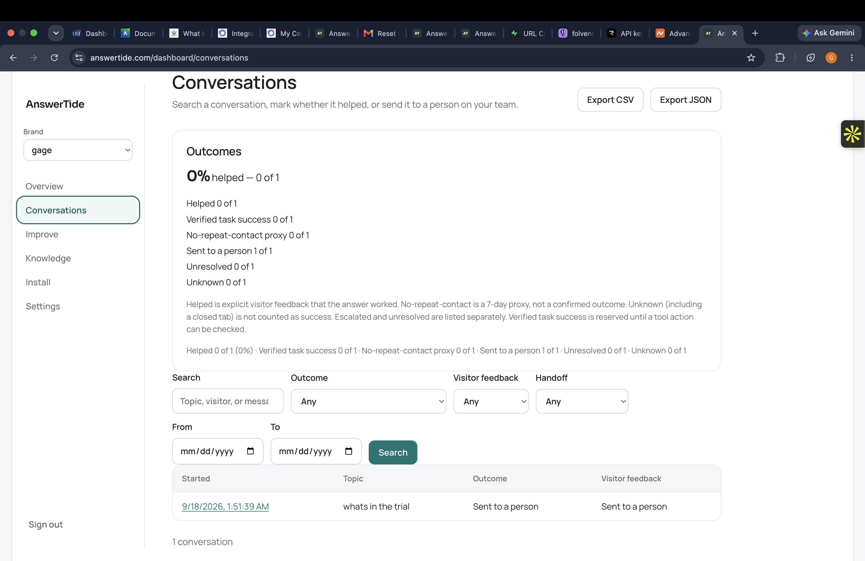 Conversations list with outcome breakdown and search filters