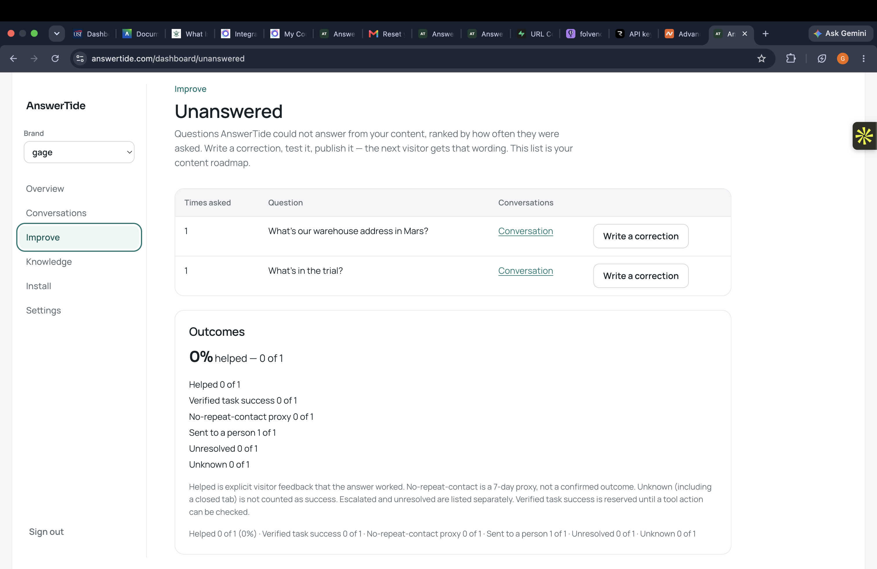 Improve view listing unanswered questions and outcome stats