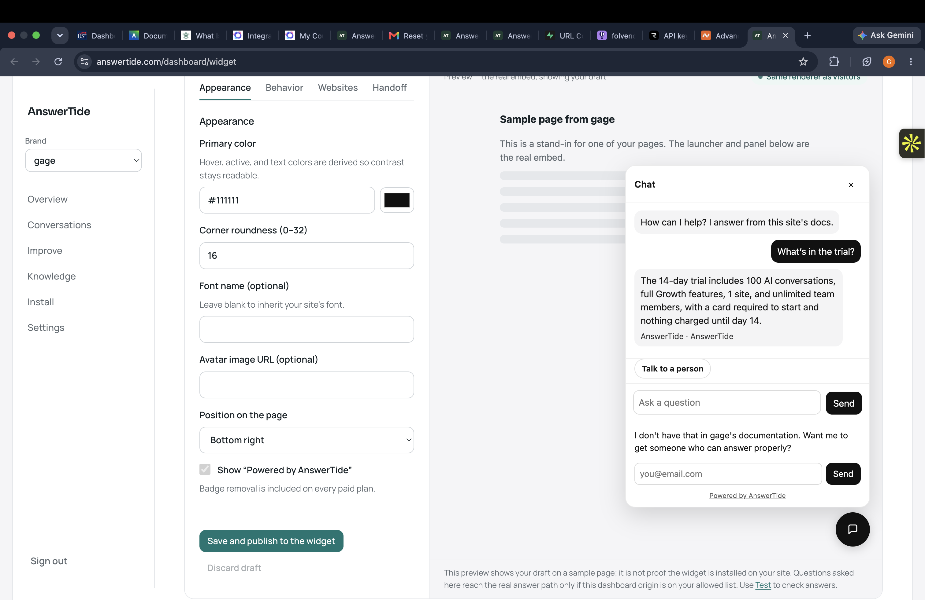 Assistant Studio with a live widget preview and a sourced trial answer